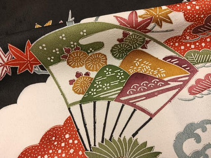 平和屋着物■訪問着　型染め　立波扇面花文　黒地　正絹　逸品　BAAX8838mz