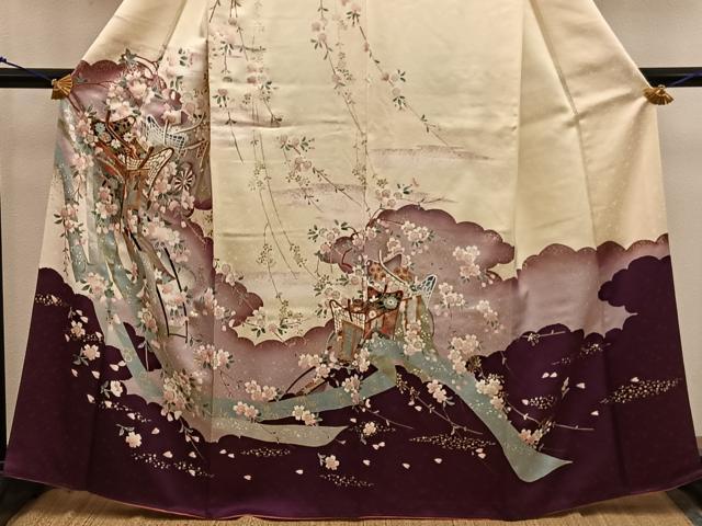 平和屋着物●訪問着　駒刺繍　御所車花文　金彩　正絹　逸品　BAAX8844mz