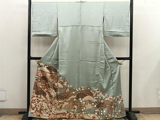 平和屋着物●豪華色留袖　駒刺繍　七宝菊花文　金彩　正絹　逸品　BAAX8872mz