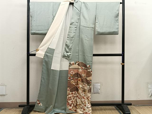 平和屋着物●豪華色留袖　駒刺繍　七宝菊花文　金彩　正絹　逸品　BAAX8872mz