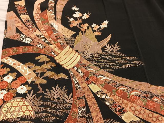 平和屋着物■豪華黒留袖　束ね熨斗菊花文　金彩　正絹　逸品　BAAX8886mz