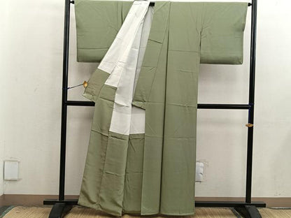 平和屋着物■上質な色無地　よろけ縞地紋　油色　正絹　逸品　BAAX8908mz