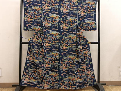平和屋着物■上質な小紋　型染め　風景花文　鬼しぼ縮緬　正絹　逸品　未使用　BAAX8913mz