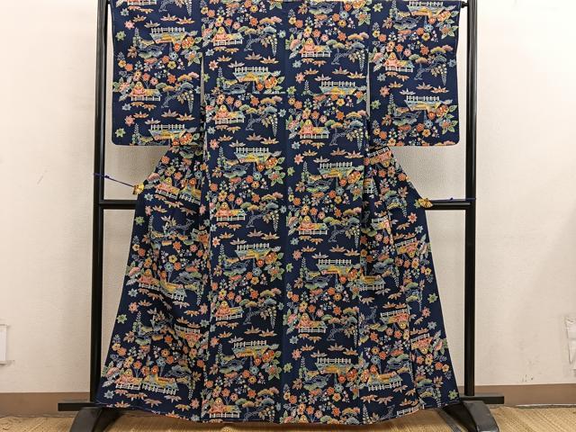 平和屋着物■上質な小紋　型染め　風景花文　鬼しぼ縮緬　正絹　逸品　未使用　BAAX8913mz