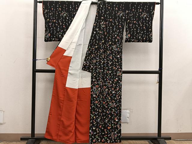 平和屋着物●訪問着　枝菊花文　黒地　鬼しぼ縮緬　正絹　逸品　BAAX8922mz