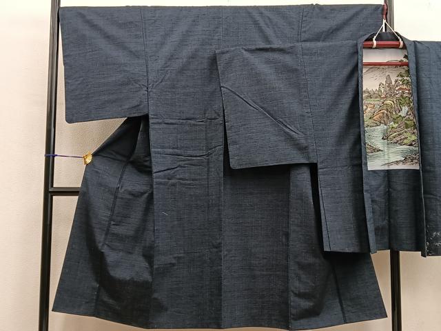 平和屋着物■男性　紬　アンサンブル　黒緑色　正絹　逸品　BAAX8952mz