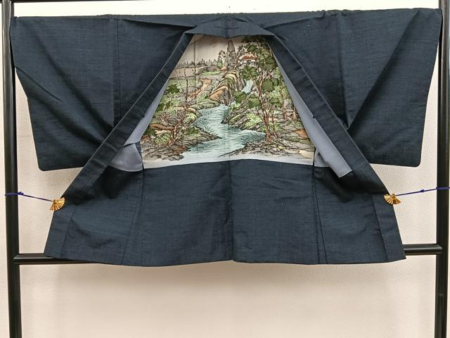 平和屋着物■男性　紬　アンサンブル　黒緑色　正絹　逸品　BAAX8952mz