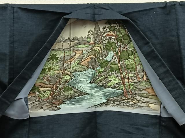 平和屋着物■男性　紬　アンサンブル　黒緑色　正絹　逸品　BAAX8952mz