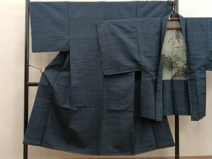 平和屋着物■男性　紬　アンサンブル　網代織　黒緑色　正絹　逸品　未使用　BAAX8953mz