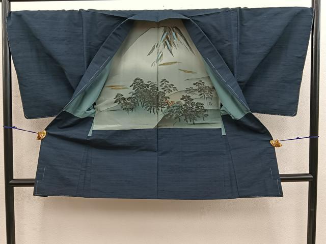 平和屋着物■男性　紬　アンサンブル　網代織　黒緑色　正絹　逸品　未使用　BAAX8953mz