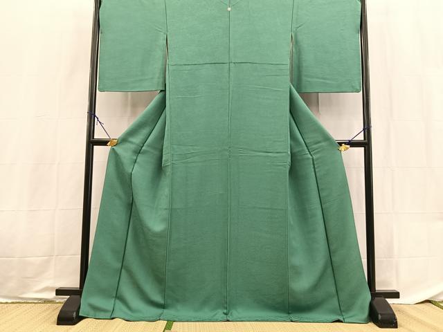 平和屋着物●上質な色無地　松竹梅地紋　木賊色　正絹　逸品　BAAX9047yc