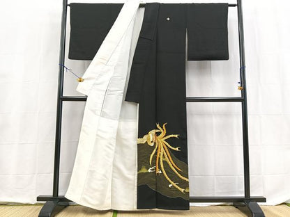 平和屋着物■豪華黒留袖　刺繍　鳳凰立波文　金糸　正絹　逸品　BAAX9073yc
