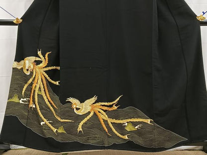 平和屋着物■豪華黒留袖　刺繍　鳳凰立波文　金糸　正絹　逸品　BAAX9073yc