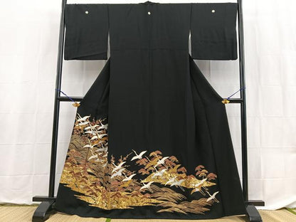 平和屋着物■豪華黒留袖　駒刺繍　飛鶴松竹梅文　金銀彩　正絹　逸品　BAAX9076yc