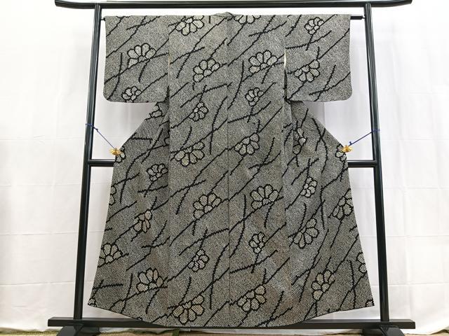 平和屋着物■上質な小紋　総絞り　草花文　黒地　正絹　逸品　BAAX9090yc
