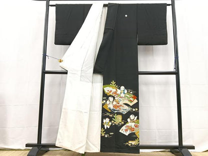 平和屋着物■豪華黒留袖　駒刺繍　唐子地紙花文　金彩　正絹　逸品　BAAX9111yc