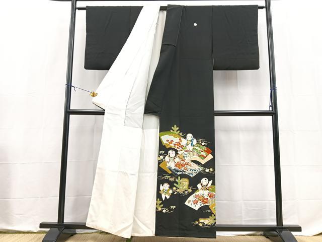 平和屋着物■豪華黒留袖　駒刺繍　唐子地紙花文　金彩　正絹　逸品　BAAX9111yc