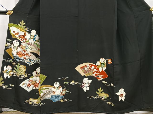 平和屋着物■豪華黒留袖　駒刺繍　唐子地紙花文　金彩　正絹　逸品　BAAX9111yc