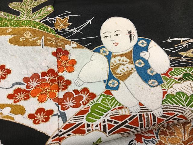 平和屋着物■豪華黒留袖　駒刺繍　唐子地紙花文　金彩　正絹　逸品　BAAX9111yc