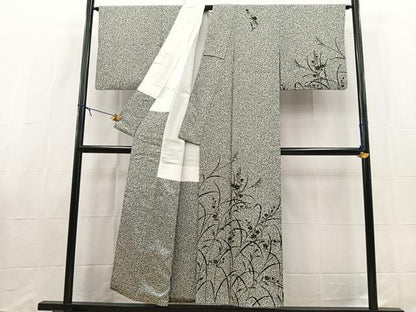平和屋着物■訪問着　桔梗文　たたき染め　黒地　金彩　正絹　逸品　BAAX9120yc