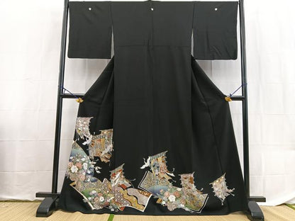 平和屋着物■豪華黒留袖　駒刺繍　飛鶴吉祥花文　金銀彩　正絹　逸品　BAAX9134yc