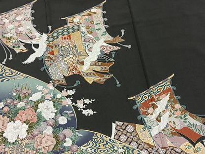 平和屋着物■豪華黒留袖　駒刺繍　飛鶴吉祥花文　金銀彩　正絹　逸品　BAAX9134yc