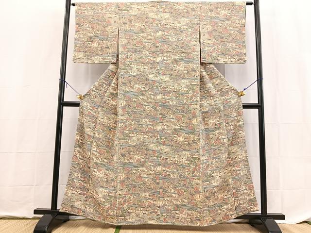 平和屋着物■上質な小紋　東海道五拾三次　鬼しぼ縮緬　正絹　逸品　BAAX9143yc