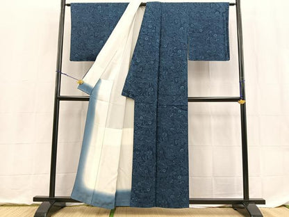 平和屋着物■上質な小紋　本藍　型絵染　草花文　正絹　逸品　BAAX9151yc