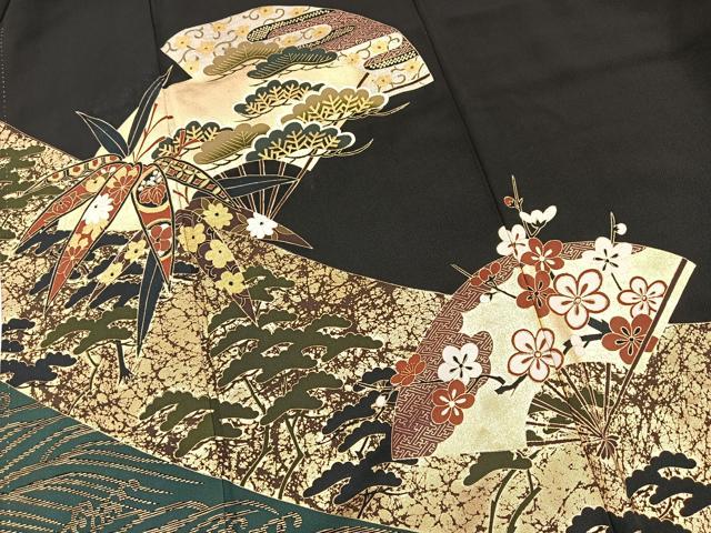 平和屋着物■豪華黒留袖　松竹梅扇文　金銀彩　正絹　逸品　BAAX9171yc