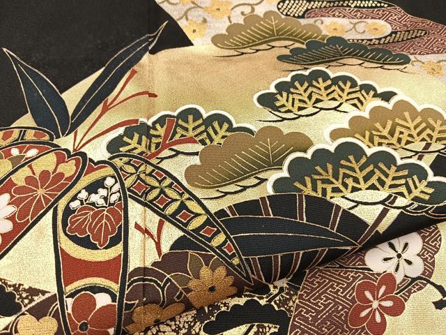 平和屋着物■豪華黒留袖　松竹梅扇文　金銀彩　正絹　逸品　BAAX9171yc