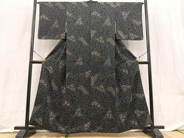 平和屋着物■上質な小紋　絞り　切嵌花文　黒地　正絹　逸品　BAAX9172yc