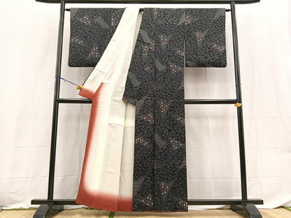平和屋着物■上質な小紋　絞り　切嵌花文　黒地　正絹　逸品　BAAX9172yc