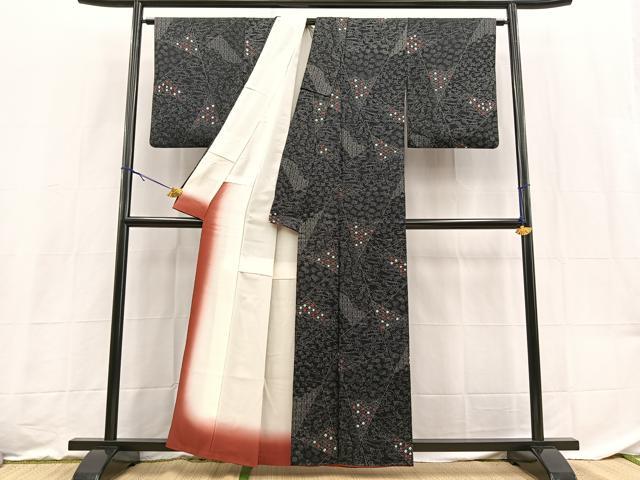 平和屋着物■上質な小紋　絞り　切嵌花文　黒地　正絹　逸品　BAAX9172yc