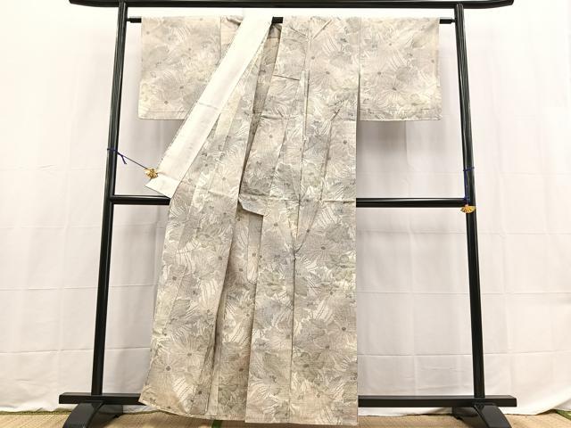 平和屋着物▽上質な紬　単衣　草花文　正絹　逸品　BAAX9173yc