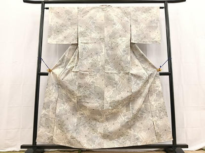 平和屋着物▽上質な紬　単衣　草花文　正絹　逸品　BAAX9173yc