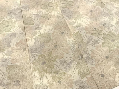 平和屋着物▽上質な紬　単衣　草花文　正絹　逸品　BAAX9173yc