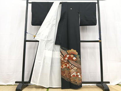 平和屋着物■黒留袖　流水花松文　金彩　洗える着物　BAAX9236yc
