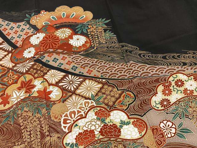平和屋着物■黒留袖　流水花松文　金彩　洗える着物　BAAX9236yc