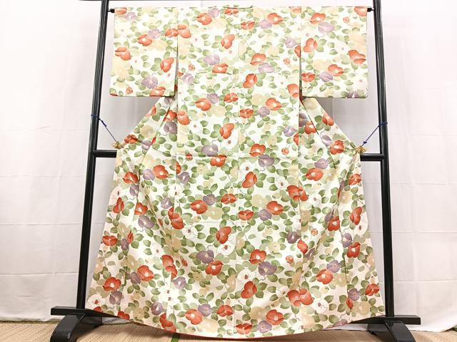 平和屋着物■小紋　椿　洗える着物　BAAX9257yc