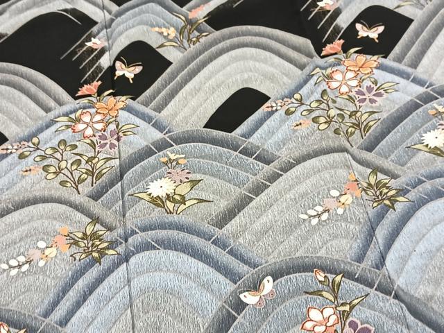平和屋着物■訪問着　立波花蝶文　黒地　金彩　洗える着物　BAAX9276yc