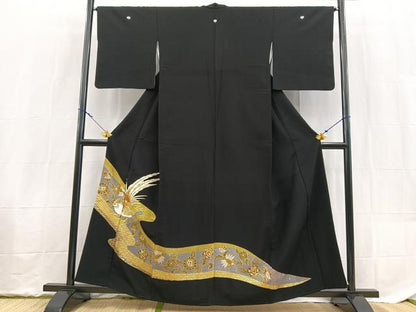 平和屋着物■黒留袖　刺繍　尾長鳥更紗花文　金彩　銀糸　洗える着物　BAAX9321yc