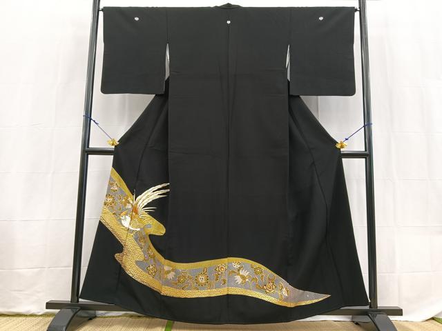 平和屋着物■黒留袖　刺繍　尾長鳥更紗花文　金彩　銀糸　洗える着物　BAAX9321yc
