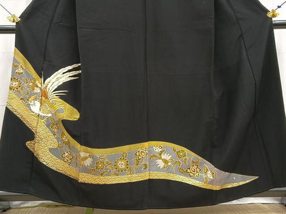 平和屋着物■黒留袖　刺繍　尾長鳥更紗花文　金彩　銀糸　洗える着物　BAAX9321yc