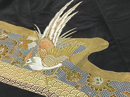 平和屋着物■黒留袖　刺繍　尾長鳥更紗花文　金彩　銀糸　洗える着物　BAAX9321yc