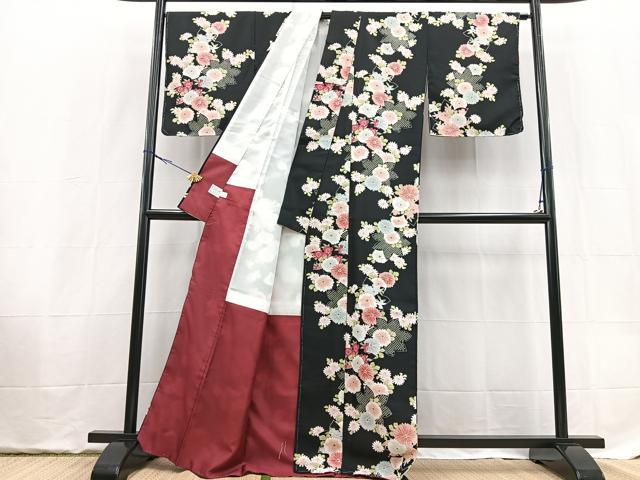 平和屋着物■小紋　草花文　黒地　洗える着物　未使用　BAAX9341yc