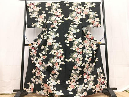 平和屋着物■小紋　草花文　黒地　洗える着物　未使用　BAAX9341yc