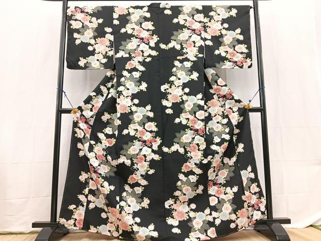 平和屋着物■小紋　草花文　黒地　洗える着物　未使用　BAAX9341yc