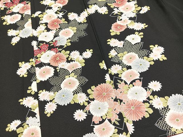 平和屋着物■小紋　草花文　黒地　洗える着物　未使用　BAAX9341yc