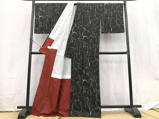 平和屋着物●小紋　猫　黒地　洗える着物　未使用　BAAX9347yc