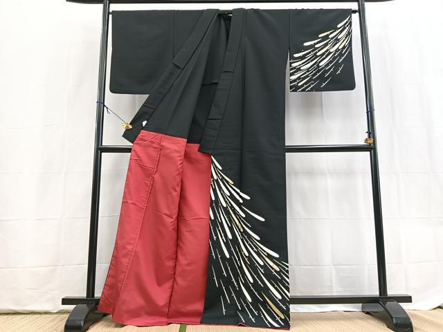 平和屋着物■訪問着　背抜き仕立て　抽象文　黒地　金彩　洗える着物　BAAX9355yc
